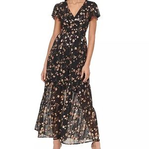 Maxi chiffon dress adorned in rose gold foil florals.